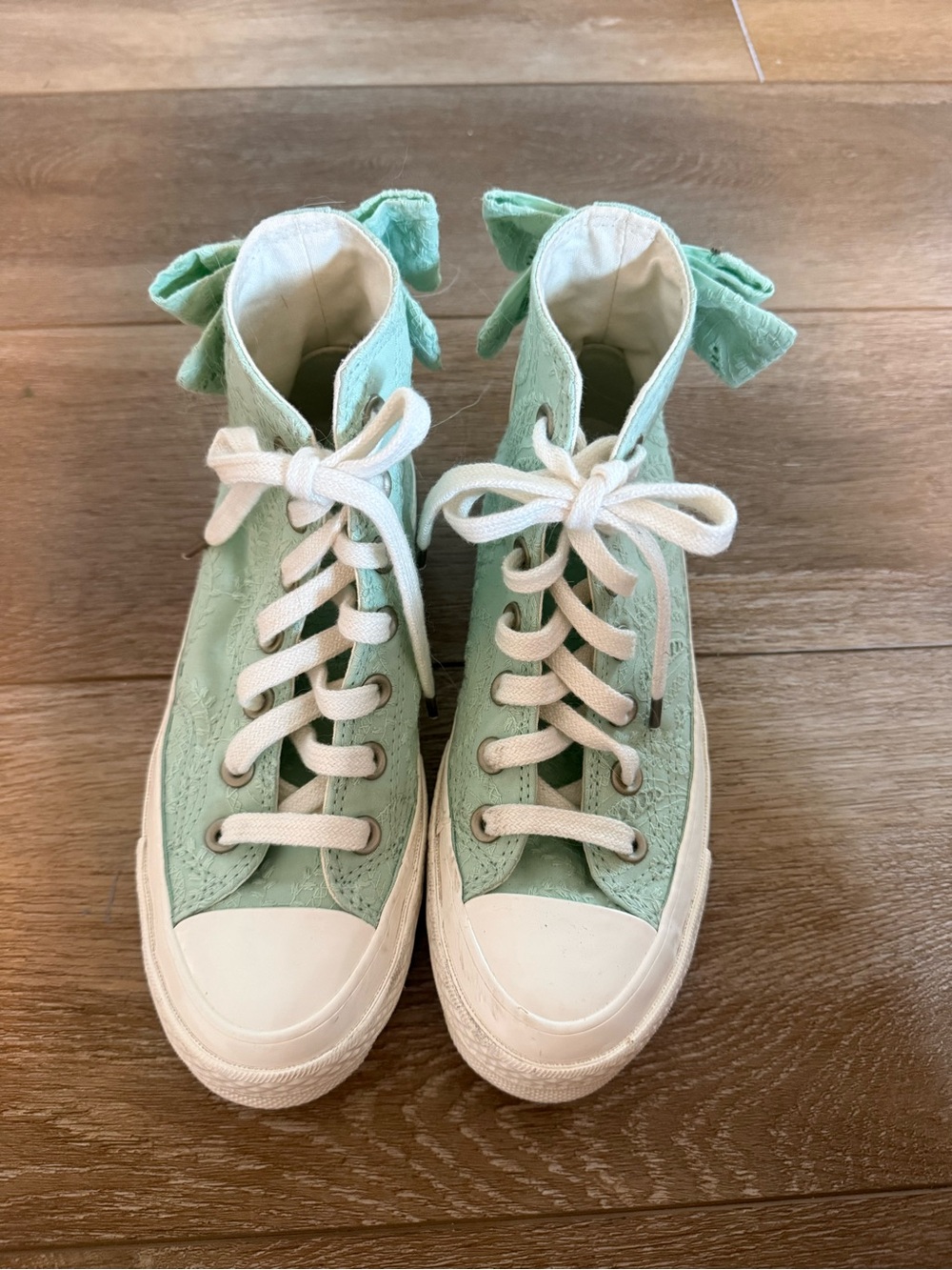 Girls' Lace-Up High-Top Sneakers in Mint Green with Bow Accent